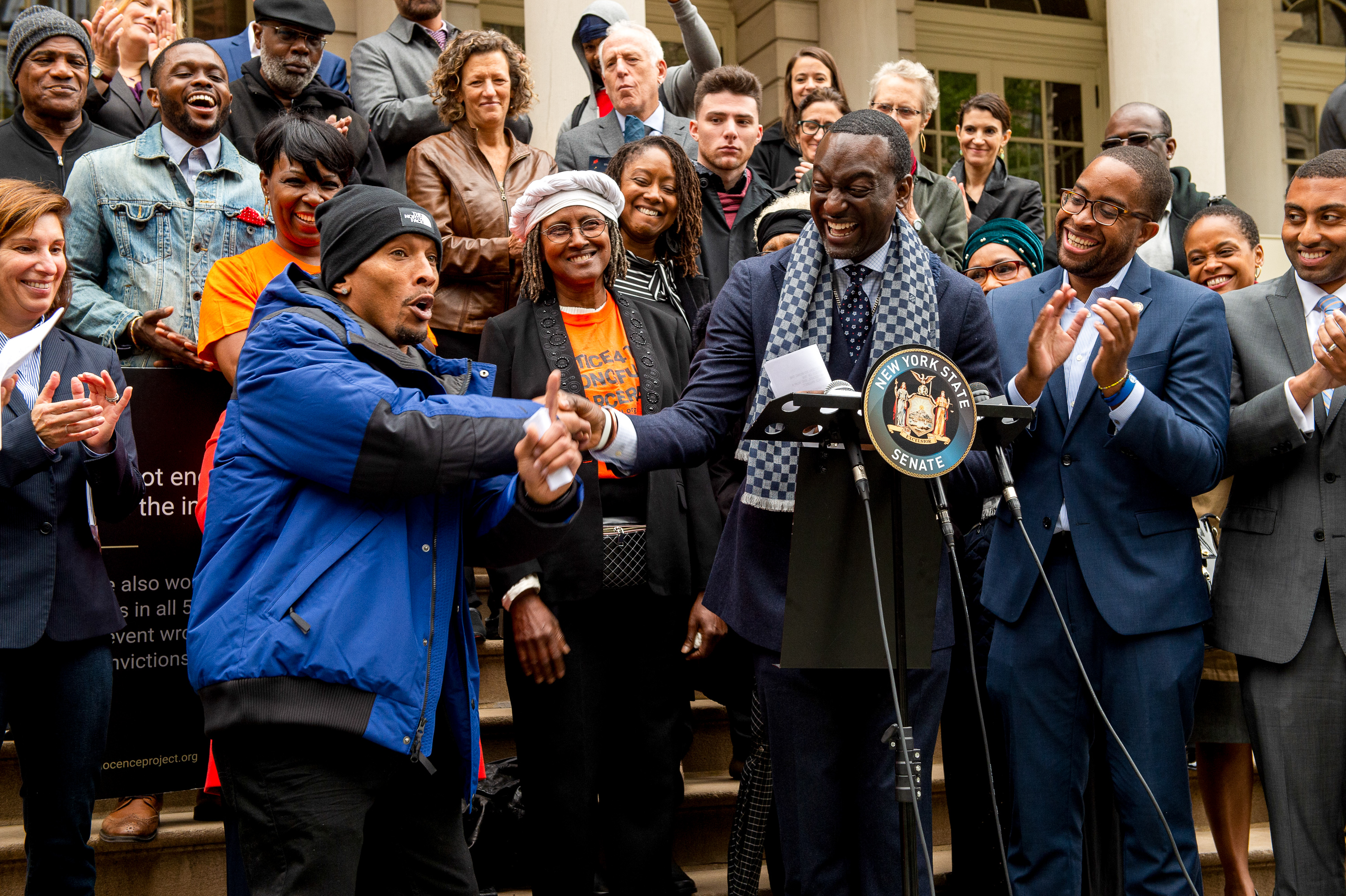 Yusef Salaam (c) and Korey Wise (l) on Tuesday, Oct. 29, 2019, in New York. (Larry Busacca/AP Images for the Innocence Project)