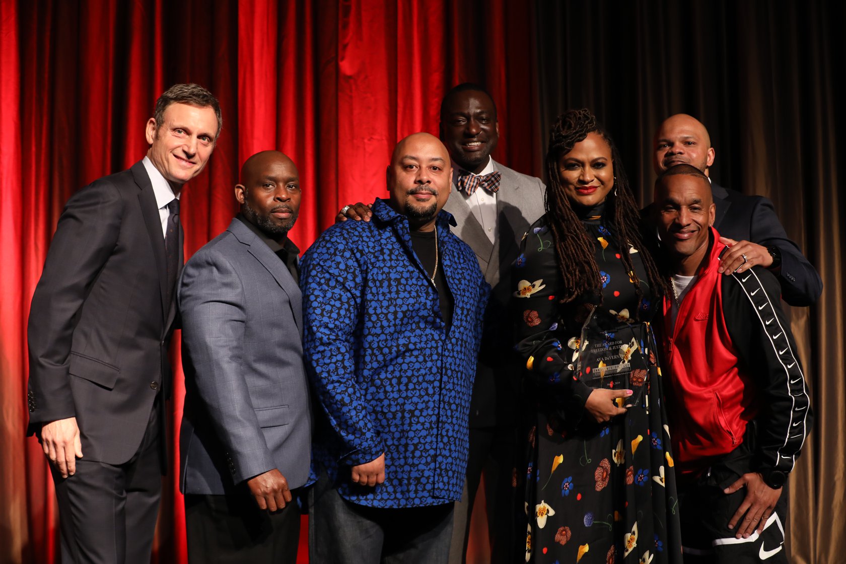 Innocence Project board member Tony Goldwyn, Antron McCray, Raymond Santana, Yusef Salaam, Ava DuVernay, Korey Wise, and Kevin Richardson at the 2019 Innocence Project Gala. (Image: Matthew Adam Photography)