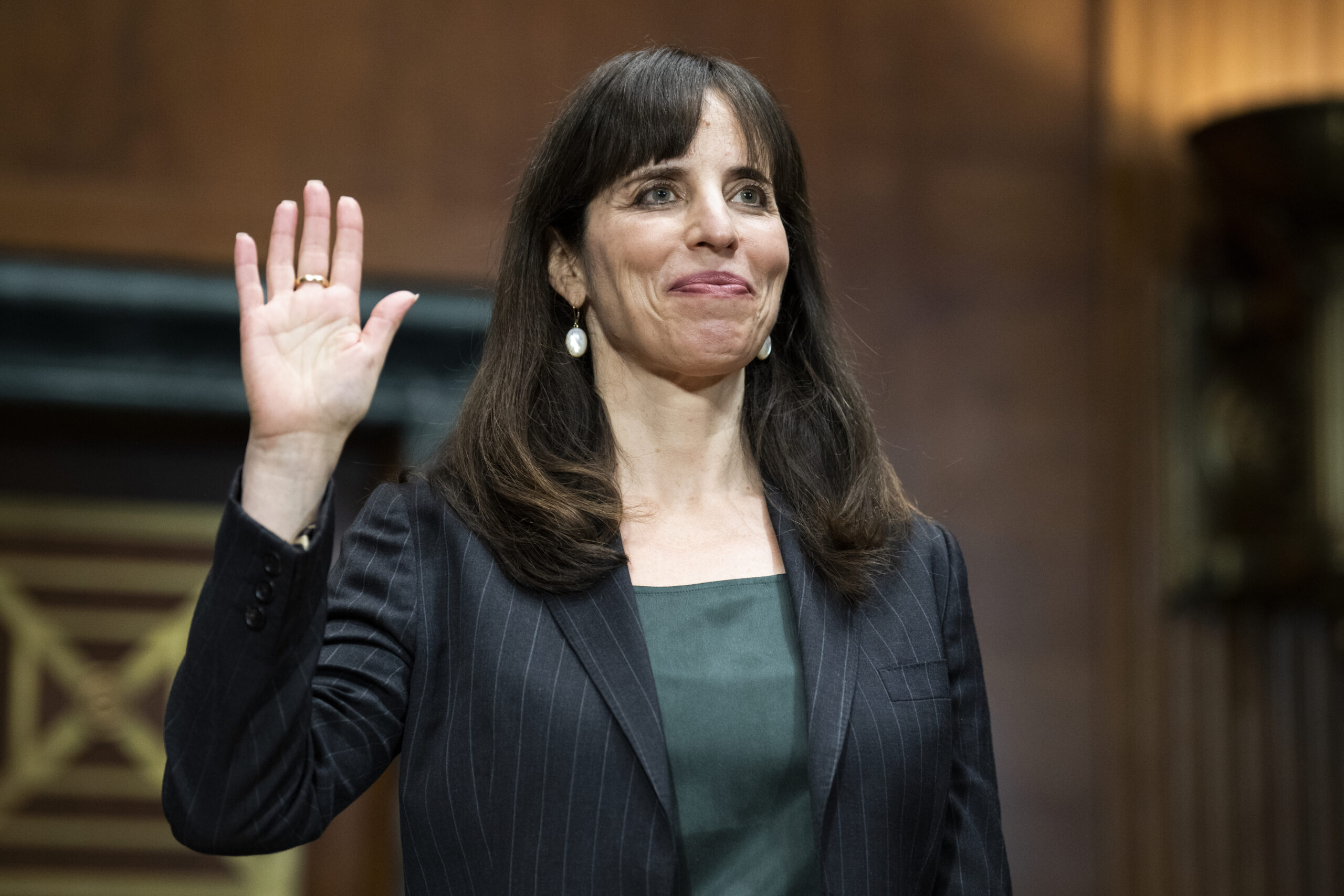 Nina Morrison, nominee to be U.S. District Judge for the Eastern District Of New York, is sworn in during her Senate Judiciary Committee confirmation hearing in Dirksen Building on  Feb. 16, 2022. (Image: Tom Williams/CQ Roll Call via AP Images)