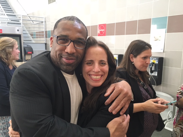 Anthony Wright hugs his attorney Nina Morrison moments after his release from prison on Aug. 23, 2016. 