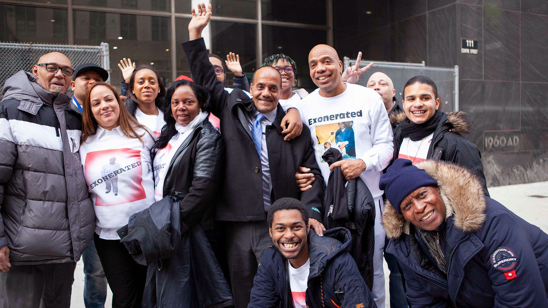 Rafael Ruiz and his family outside the New York County Court after his exoneration on Jan. 28, 2020. [Daniele Selby/Innocence Project]