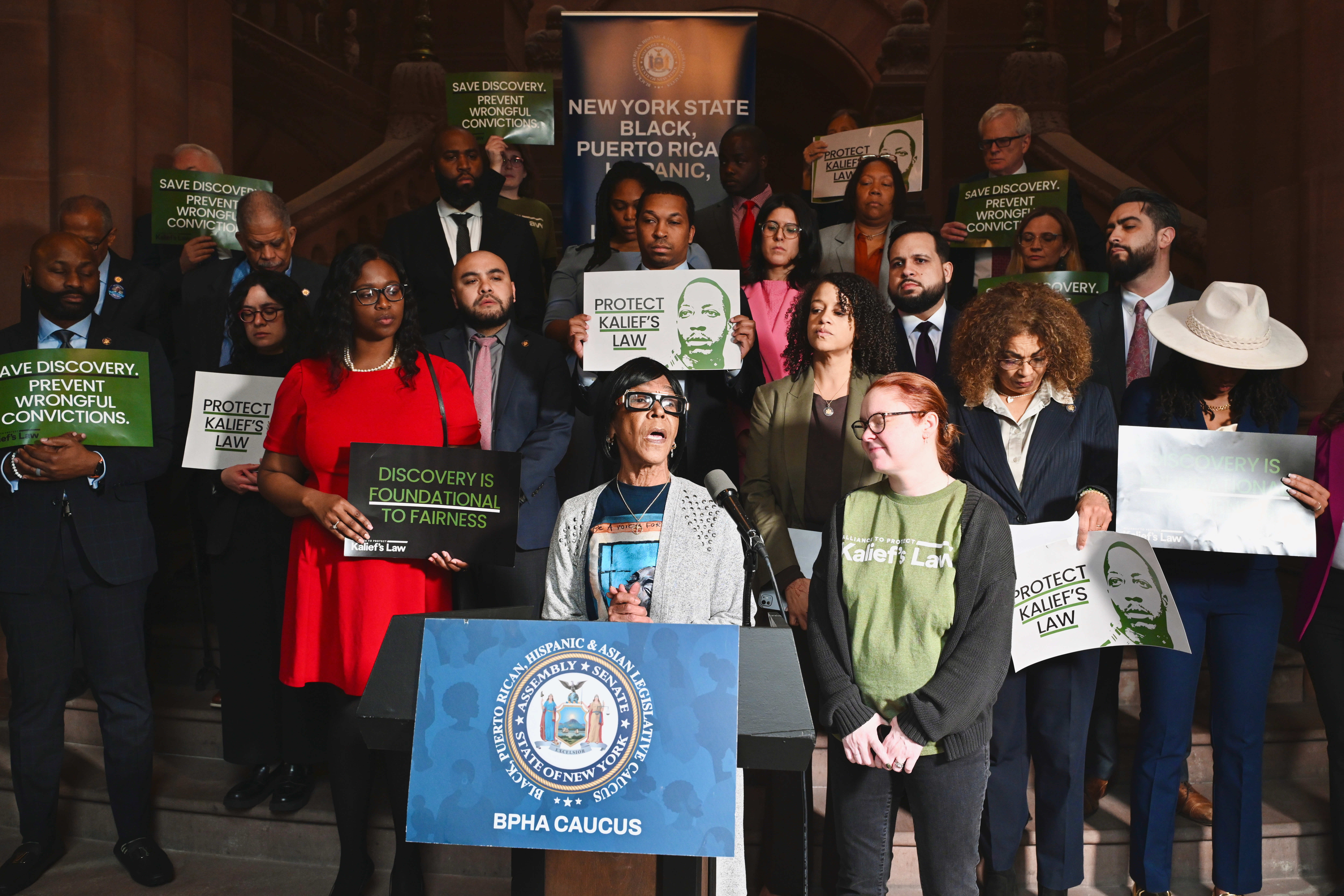 Exoneree Renay Lynch speaks at a press conference to protect Kalief's Law in Albany on April 7, 2025. Image courtesy of The Bronx Defenders.